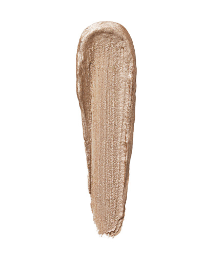 Amostra de produto cosmético dourado metálico texturizado sobre fundo branco.