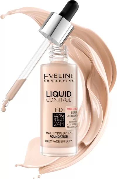 Frasco de base líquida Eveline Cosmetics com conta-gotas e traços de base ao redor
