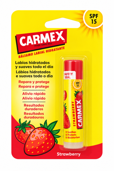 Bálsamo labial hidratante Carmex sabor morango em embalagem amarela e vermelha com SPF 15