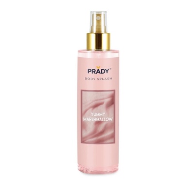 Frasco spray rosa com tampa dourada e texto PRADY BODY SPLASH YUMMY MARSHMALLOW