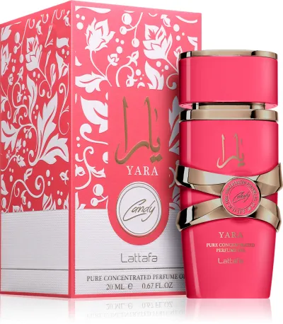 Frasco rosa de perfume Yara com caixa decorada em padrões florais brancos