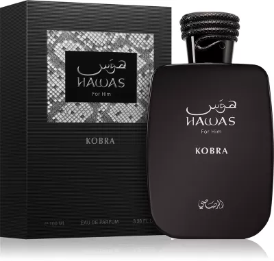 Perfume masculino Hawas For Him Kobra com frasco preto e caixa preta texturizada