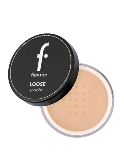 Pó solto Flormar LOOSE powder em embalagem redonda com tampa preta e pó bege visível.