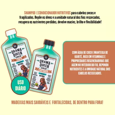 Frascos de shampoo e condicionador DRAMA QUEEN COCO com informações de uso e benefícios