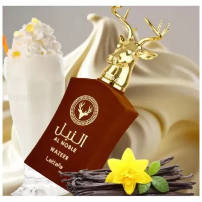 Frasco de perfume Al Noble Wazeer com tampa dourada em forma de cabeça de cervo