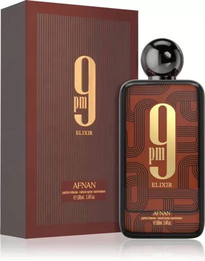Frasco e caixa de perfume 9 PM ELIXIR castanho escuro e dourado com padrões geométricos pretos