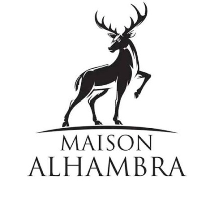 Logotipo preto de veado com texto MAISON ALHAMBRA
