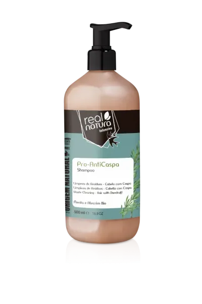 Frasco de shampoo Real Natura Pro-AntiCaspa 500 ml com doseador preto