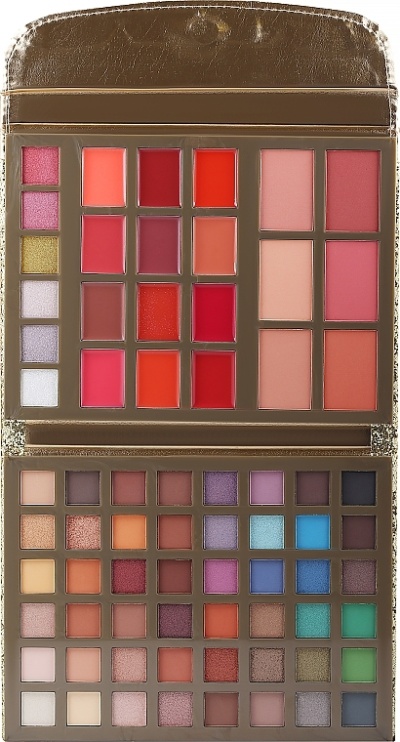 Paleta de maquilhagem com várias sombras, blushes e batons em tons variados dentro de case castanho.