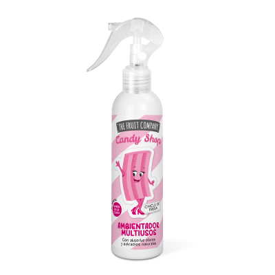 Spray ambientador multiusos rosa e branco com ilustração de fatia de doce