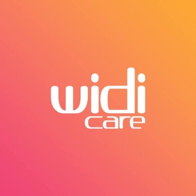 Logo com o texto widi care em branco sobre fundo em gradiente laranja para rosa.