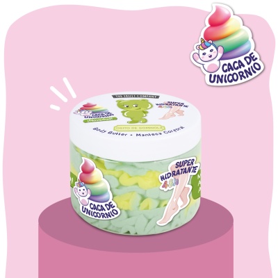 Frasco plástico com manteiga corporal colorida e rótulo de unicórnio e sapo