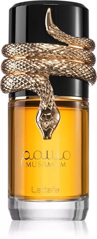 Frasco de perfume com tampa preta e serpente dourada envolvente