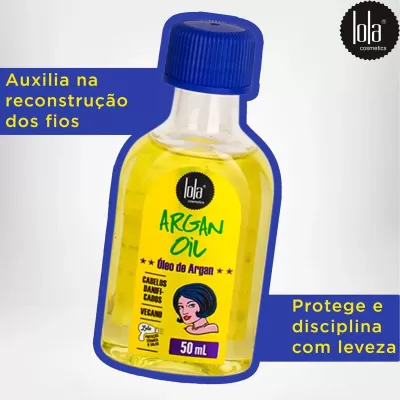 Frasco de óleo de argão Lola Cosmetics 50 ml com tampa azul e rótulo amarelo