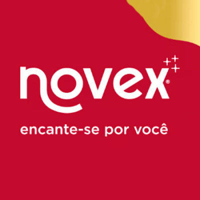 Logo 'novex' em branco sobre fundo vermelho com texto 'encante-se por você' e detalhe dourado