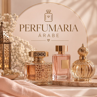 Frascos de perfume árabe em vidro com detalhes dourados e fundo bege com flores
