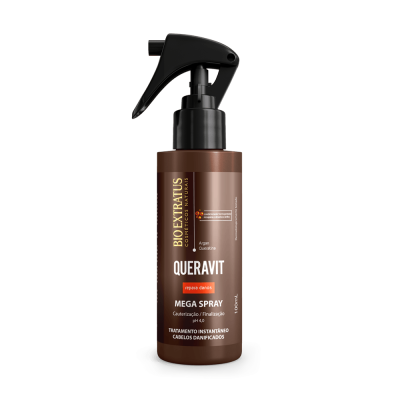 Frasco castanho com tampa de spray preta do produto Bio Extratus Queravit Mega Spray