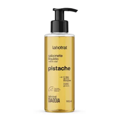 Frasco de sabonete líquido amarelo com tampa preta e texto labotrat pistache