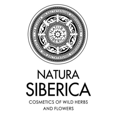 Logótipo da marca Natura Siberica com texto e emblema circular preto sobre branco