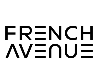Logótipo preto e branco com texto FRENCH AVENUE com linhas horizontais no design das letras