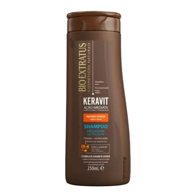 Frasco castanho de shampoo Bio Extratus Keravit para cabelos danificados, 250ml