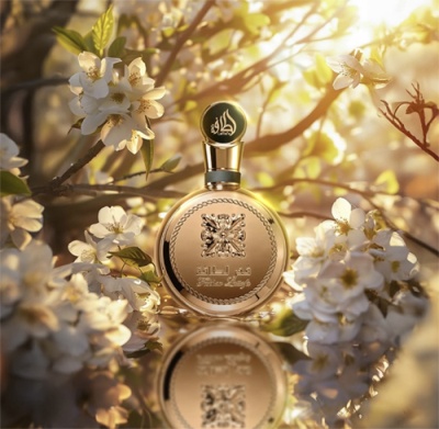 Frasco de perfume dourado entre flores brancas com luz solar