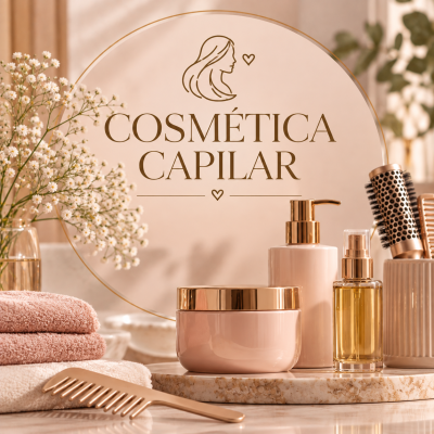 Produtos de cosmética capilar cor de rosa e dourado com acessórios e toalhas numa mesa de mármore.