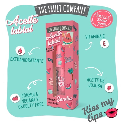 Embalagem cor-de-rosa com tinteiro de aceite labial sabor sandía e texto promocional em fundo azul