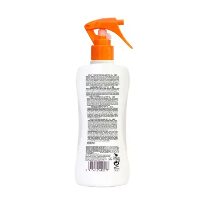 Frasco branco de protetor solar com pulverizador laranja e texto atrás