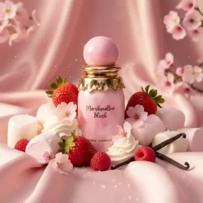 Frasco rosa do produto Marshmallow Blush com morangos, marshmallows e flores em fundo rosa