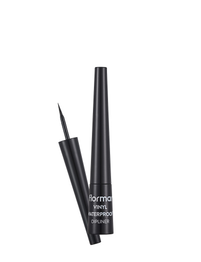 Eyeliner líquido preto com aplicador fino e embalagem cilíndrica