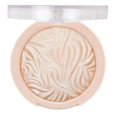 Pó compacto iluminador bege perolado com textura ondulada em embalagem redonda transparente