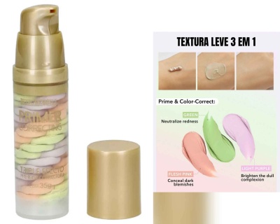 Frasco de creme colorido com tampa dourada e imagem explicativa de textura e cores para correção de pele