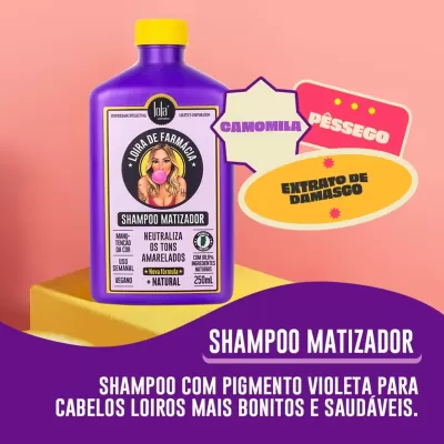 Frasco roxo de shampoo matizador com tampa amarela e rótulo com imagem de mulher loira