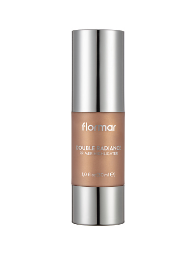 Frasco de cosmético corporal prateado e castanho com texto FLORMAR DOUBLE RADIANCE PRIMER HIGHLIGHTER