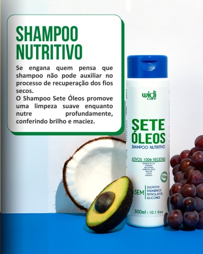Frasco de shampoo Sete Óleos ao lado de abacate, coco e uvas