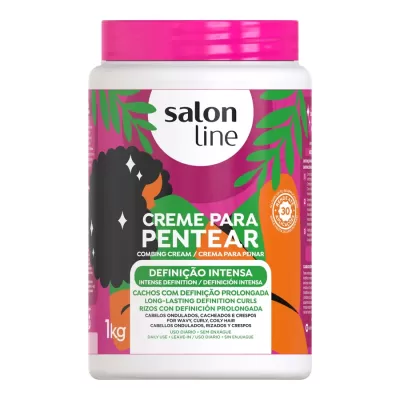 Creme para pentear Salon Line embalagem branca e rosa com design colorido e texto em várias línguas