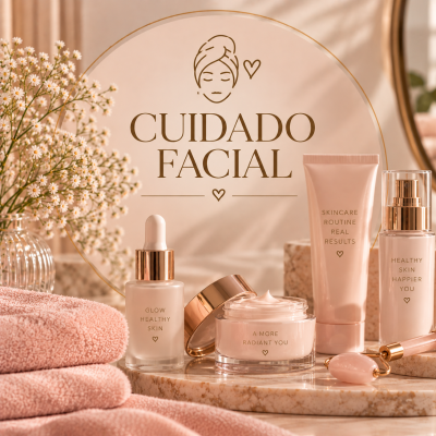 Produtos de cuidado facial cor de rosa e branco com detalhes dourados sobre superfície mármore e flores brancas em vaso transparente