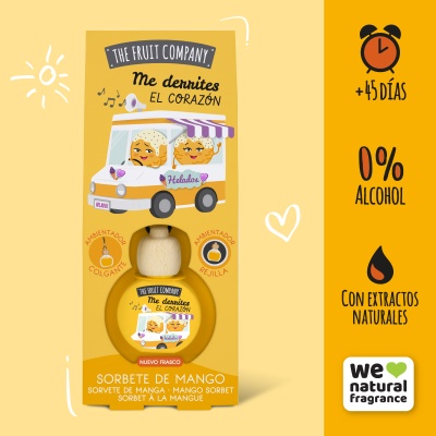 Embalagem amarela de sorvete de manga da THE FRUIT COMPANY com ilustrações