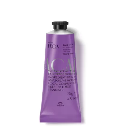 Tubo roxo de creme para mãos Natura Ekos com tampa preta e texto em inglês