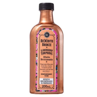 Garrafa metálica bronze com tampa preta e rótulo colorido com texto Be(m)dito Bronze iluminador corporal