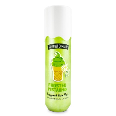 Frasco spray verde e branco com gelado verde e texto FROSTED PISTACHO