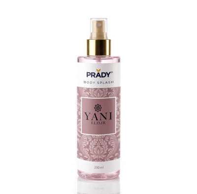 Frasco plástico rosa com rótulo PRADY BODY SPLASH YANI ELIXIR.