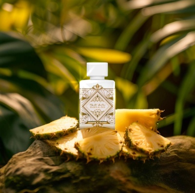 Garrafas brancas decorativas com fatias de ananás sobre uma rocha