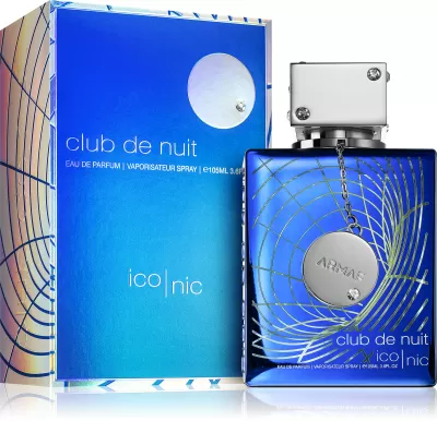 Frasco e caixa de perfume azul com decorações prateadas e texto CLUB DE NUIT, 105ml