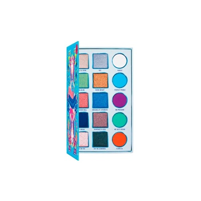 Paleta de sombras de olhos coloridas, embalagem azul com padrão colorido