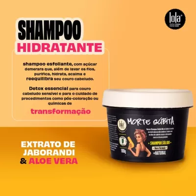 Embalagem preta de shampoo sólido natural Morte Súbita com tampa branca e texto promocional ao fundo laranja