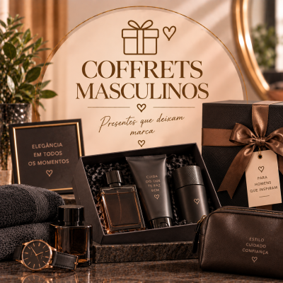 Coffrets masculinos com perfumes, creme, desodorizante, necessaire, relógio e toalhas em ambiente elegante
