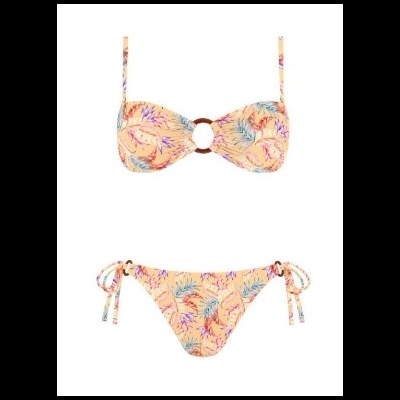 Biquíni de senhora com padrão de folhas coloridas e argolas decorativas
