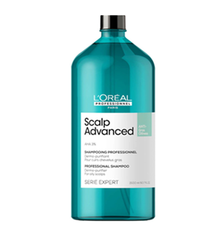 Shampoo Scalp Advanced AntiOleosidade Loreal Serie Expert 1500ml Frasco azul de champô L'Oréal Scalp Advanced com etiqueta branca